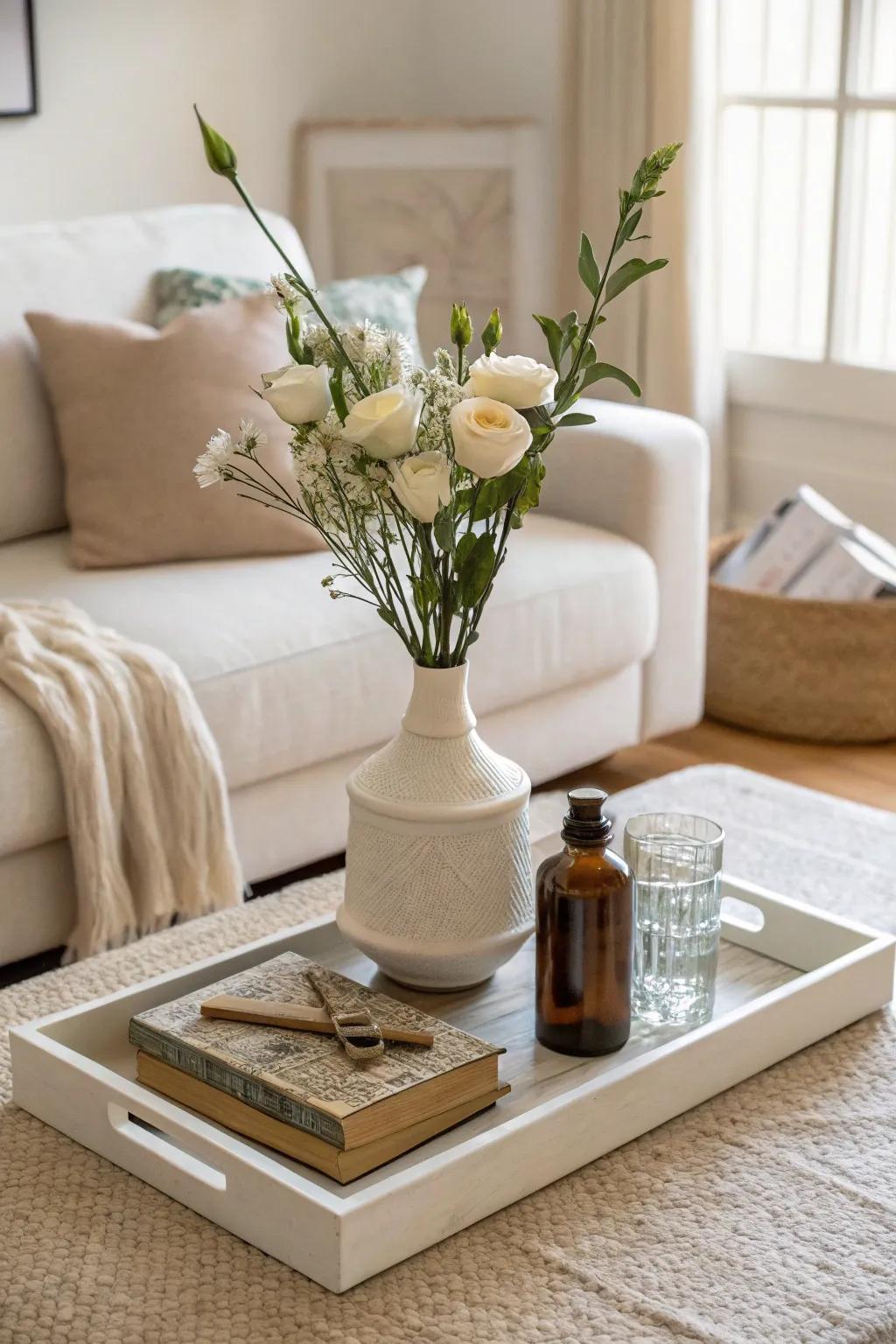 Minimalism at its finest with a few essential items on a platter.