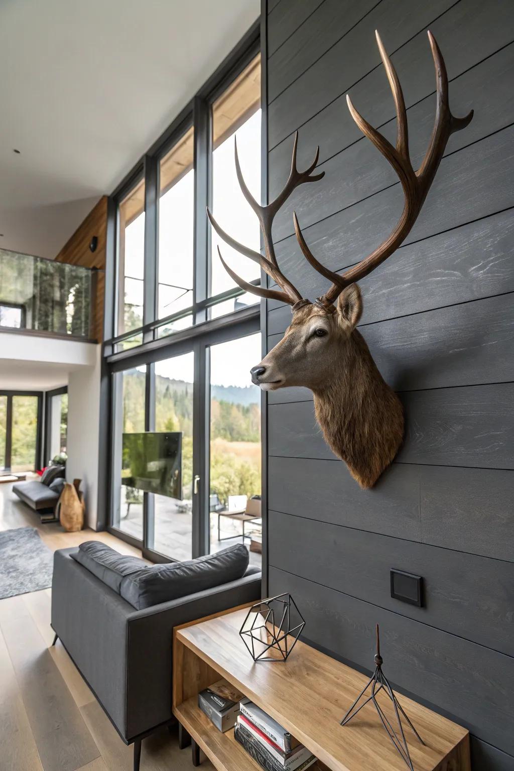 A combination of timber and metal forms a contemporary deer antler mount in a chic living area.