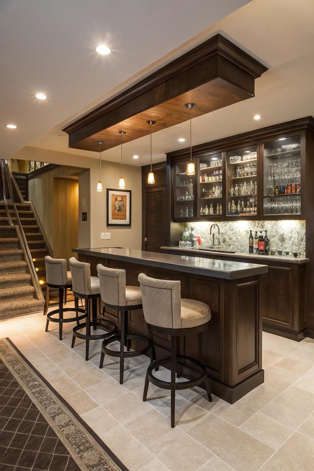 A den presenting an elegant home wet bar layout geared towards entertaining attendees.