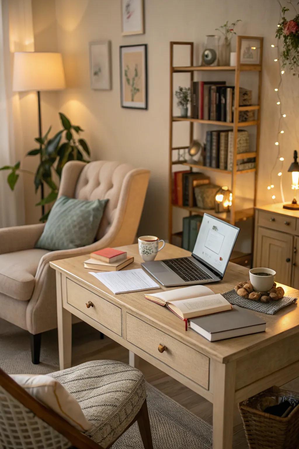 A sandstone desk offers timeless warmth and comfort.