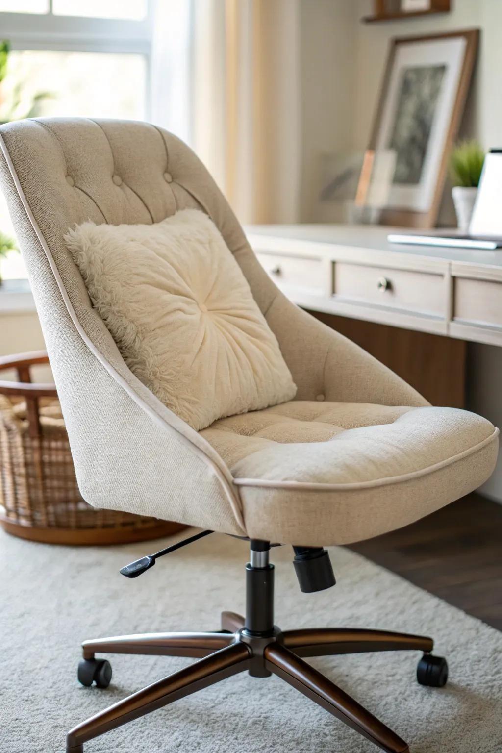 A comfortable cushion enhances the seating at a desk.