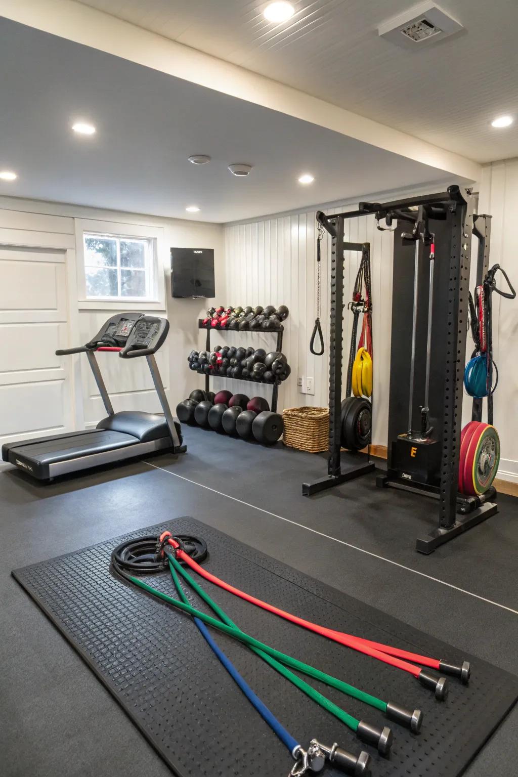A home gym featuring practical rubber flooring, ideal for multiple workouts.