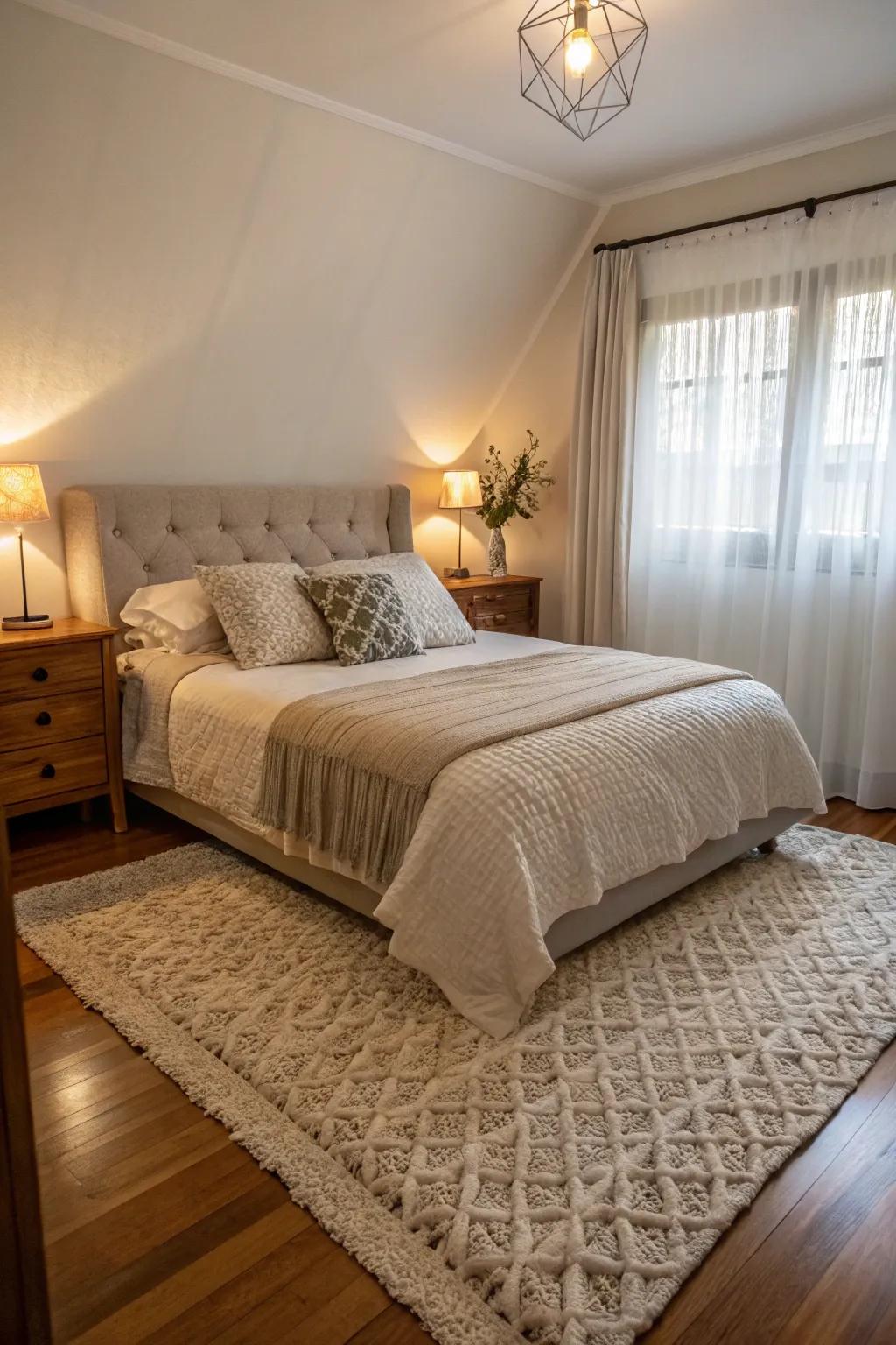 A carpet secures the diagonal bed and increases comfort.