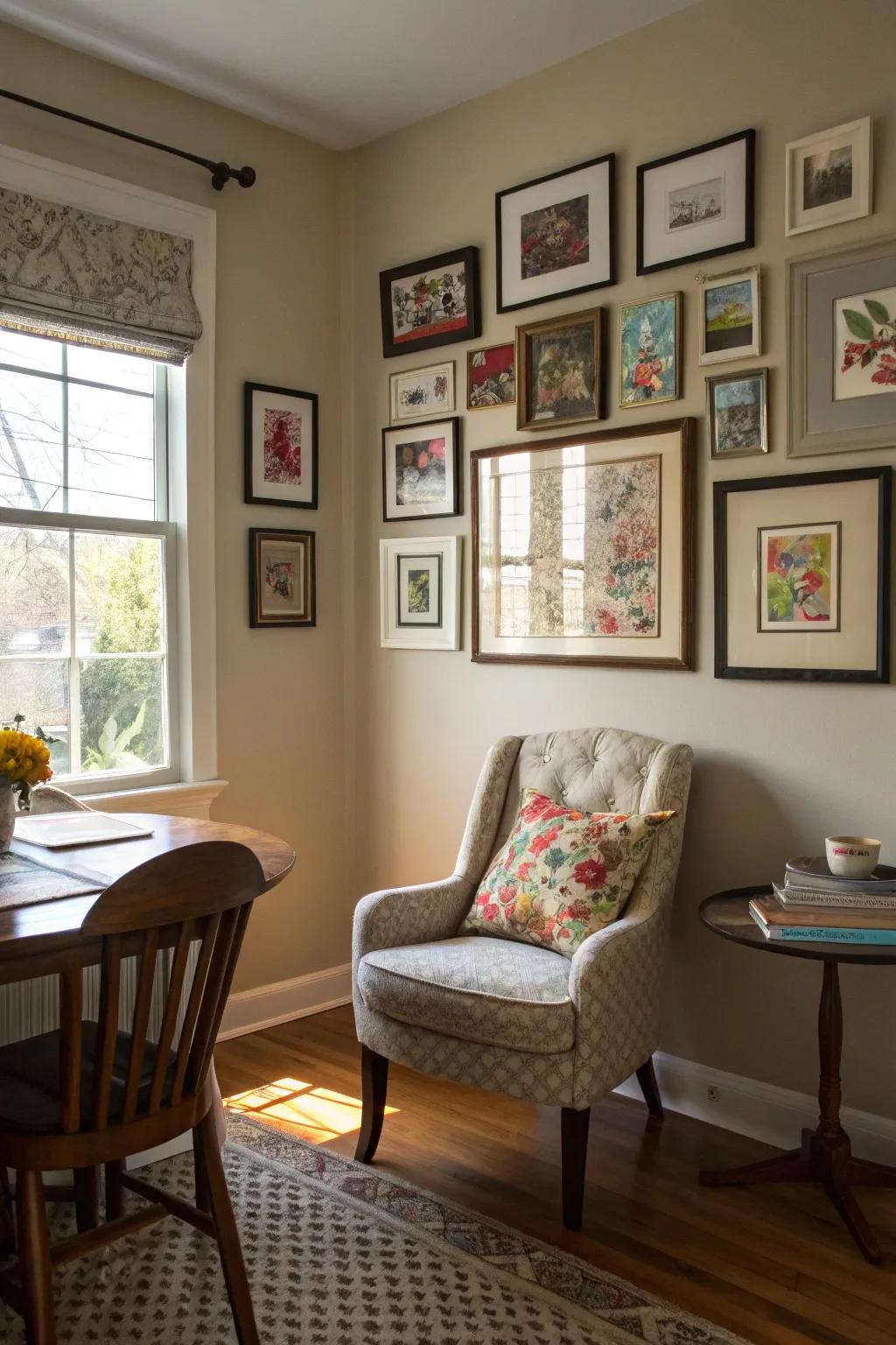 A gallery wall personalizes and enlivens the dining room corner.