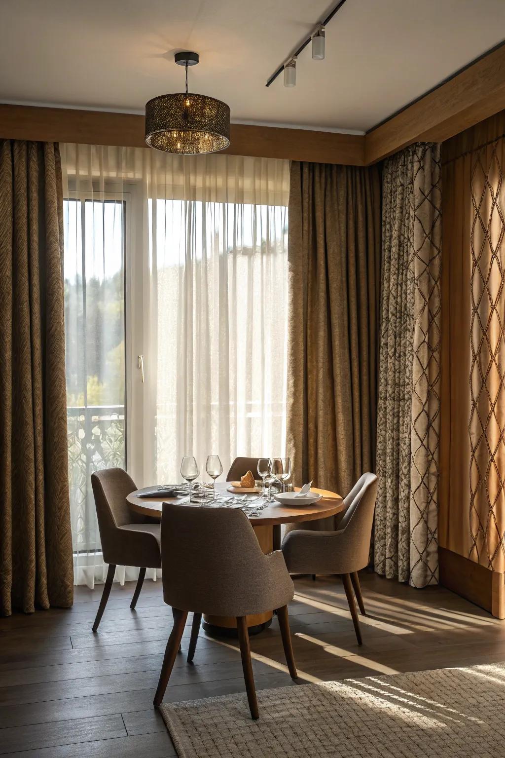 Textured window dressings adding dimension to the dining area.