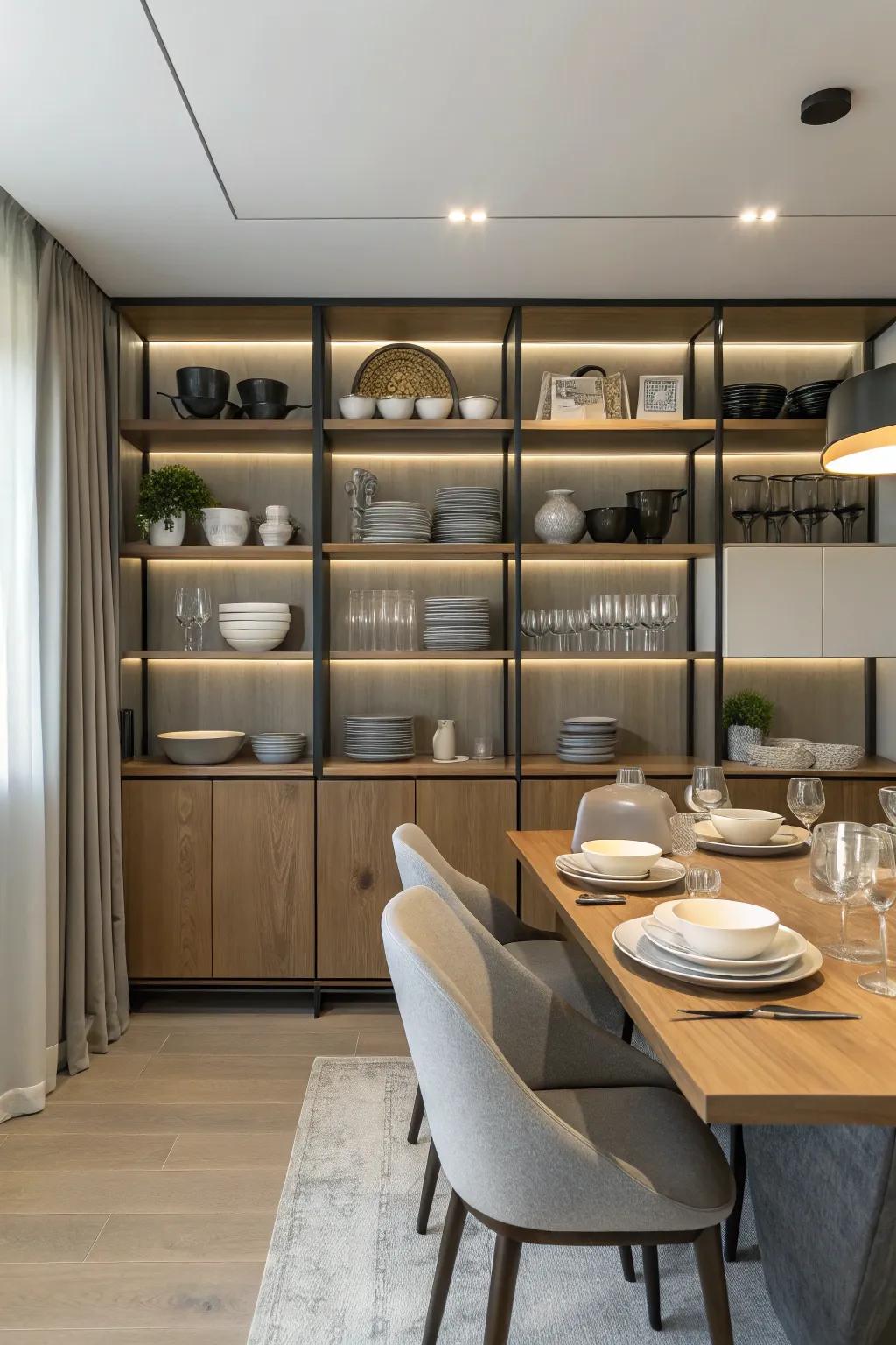 Open shelving offers both practicality and decorative display.