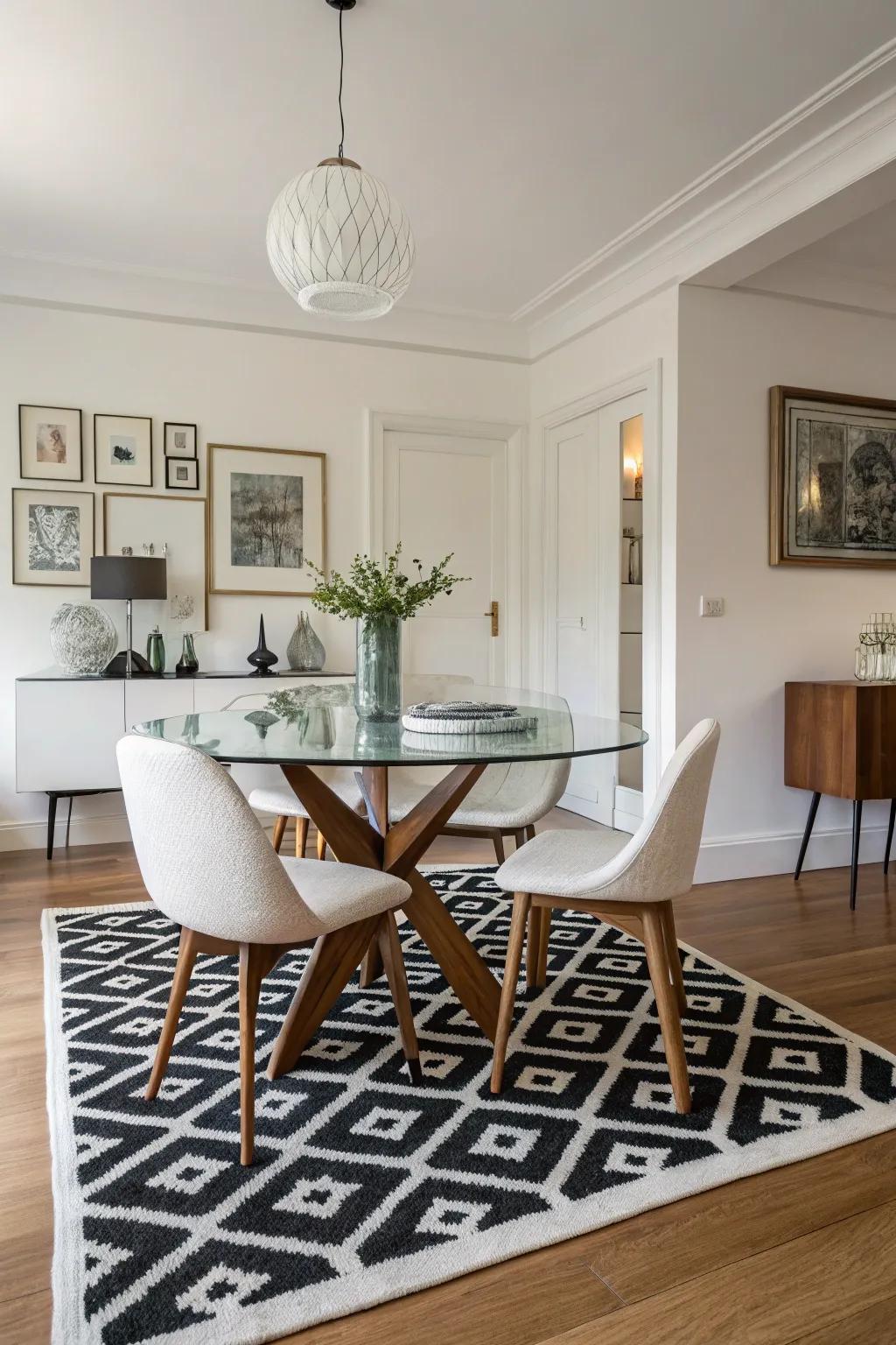 Single-color floor coverings enhancing the chic minimalism of the dining space.