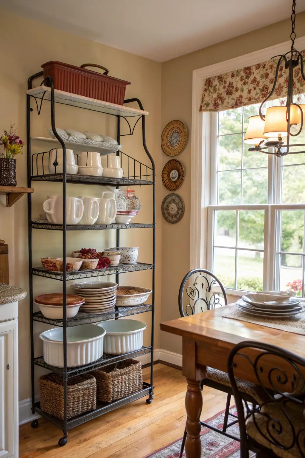 Multi-tiered racks provide vertical storage, ideal for smaller dining rooms.