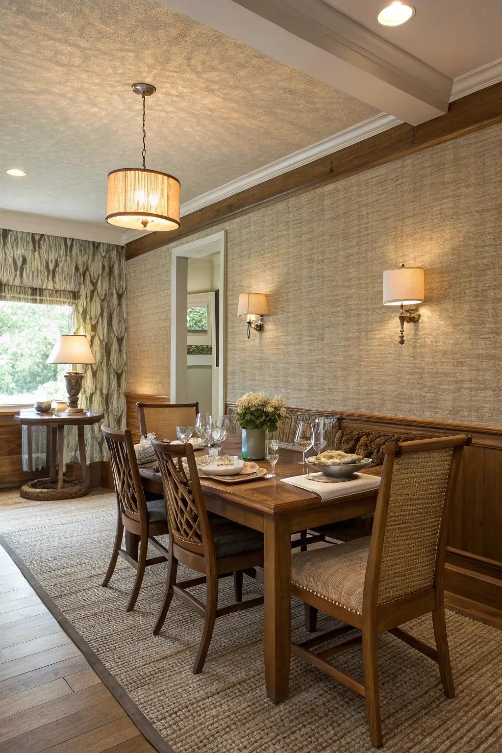 Textured wallpaper adds depth and tactile interest to this dining space.