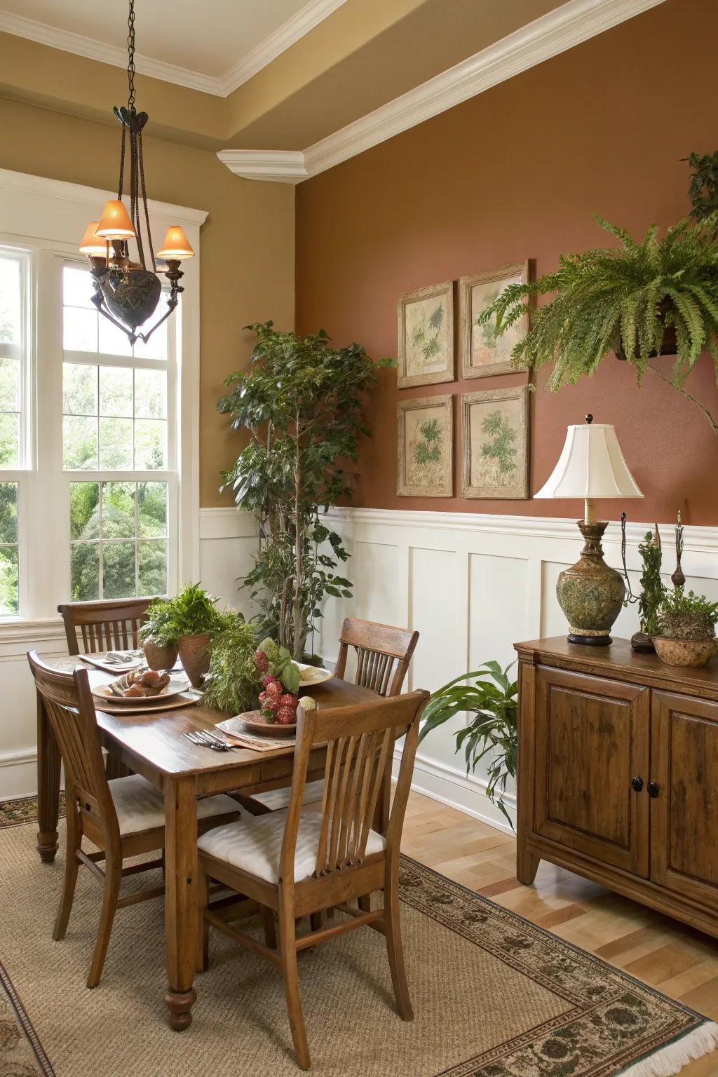 Natural pigments impart warmth and coziness to the dining space.