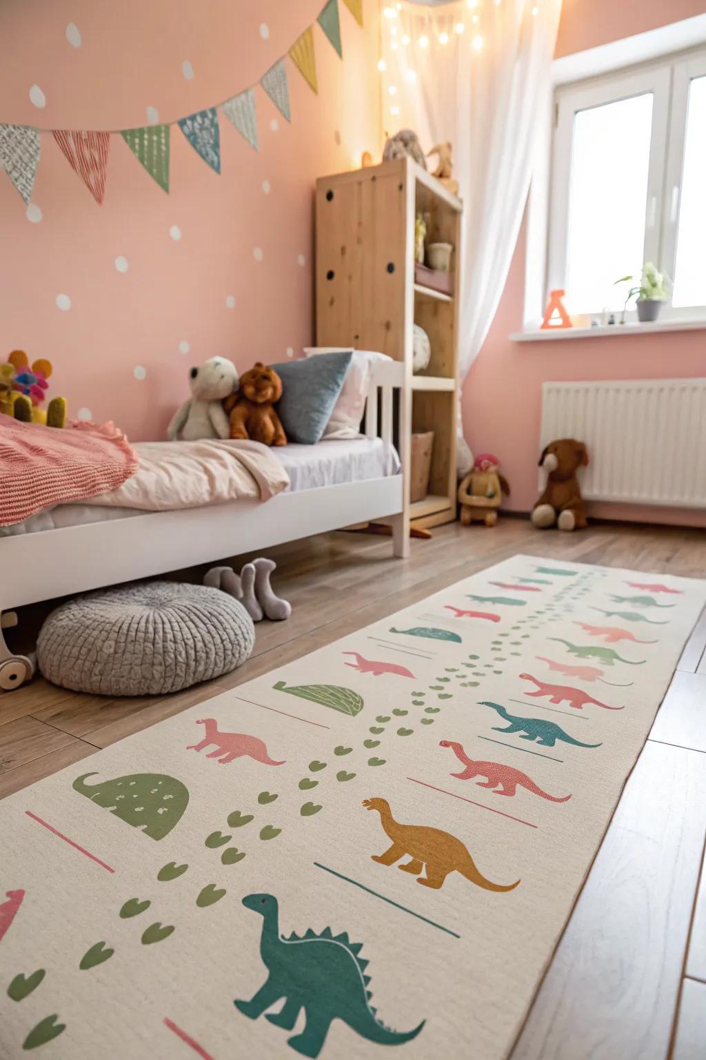 Dinosaur footprint decals inviting playful engagement within the room.