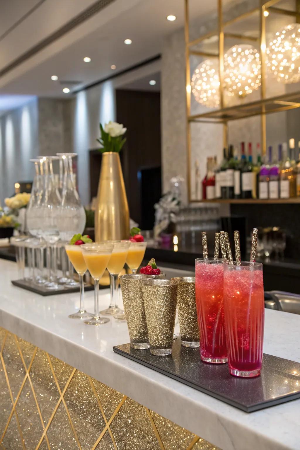 A glittery drinks station offers dazzling refreshments for party guests.