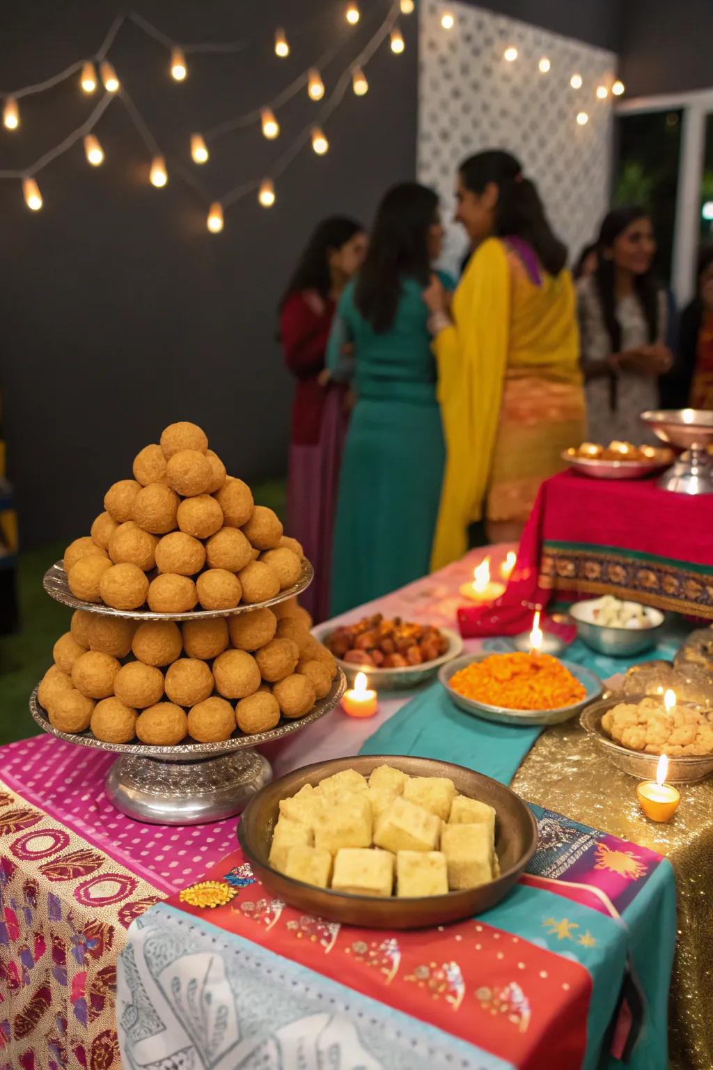 A tempting display of Diwali confections as a celebratory photographic backdrop.