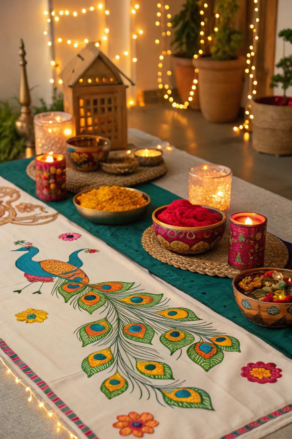 Heritage aspects like peacock themes adding authenticity to the Diwali decor.