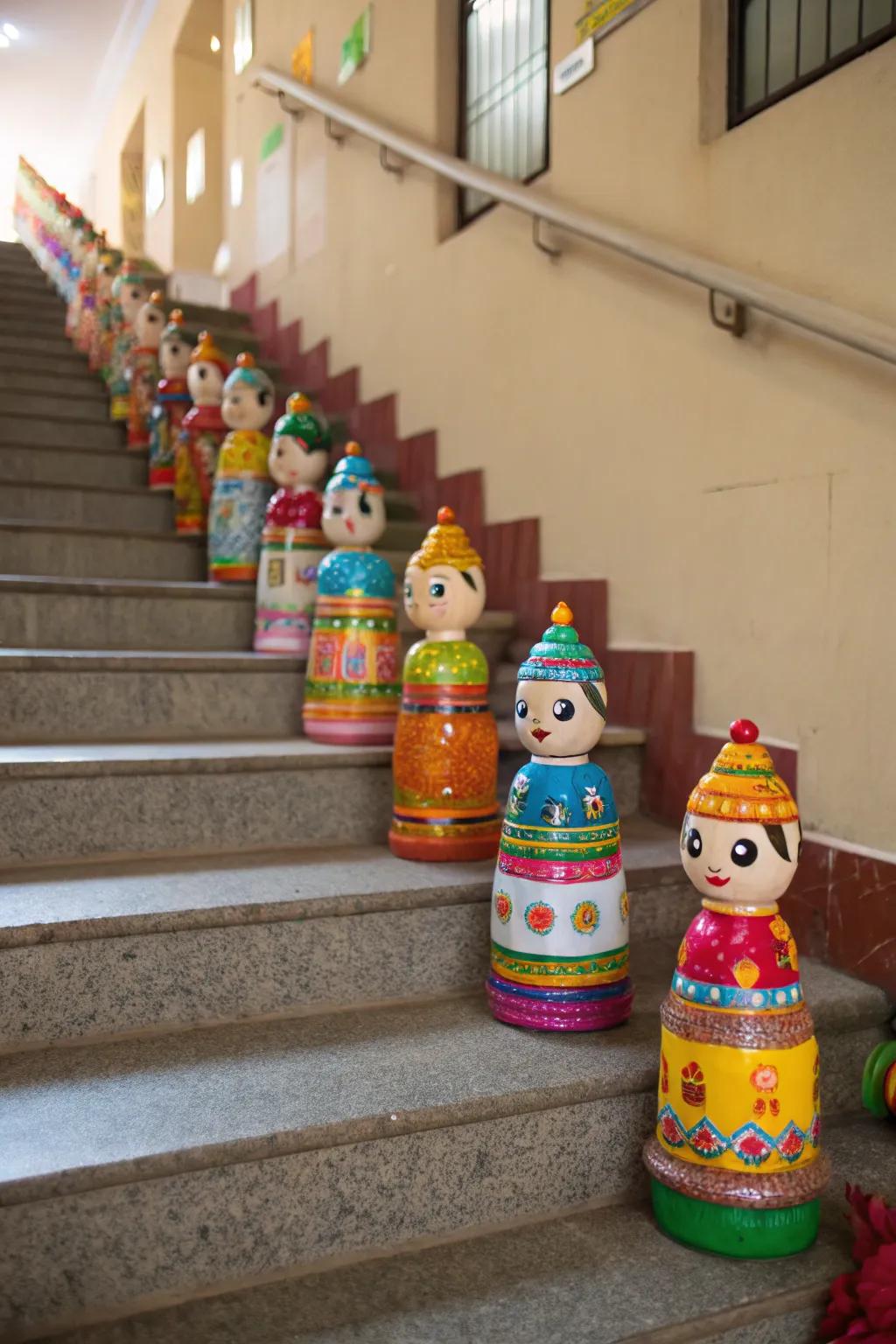 Upcycled plastic containers converted into refined Golu characters.