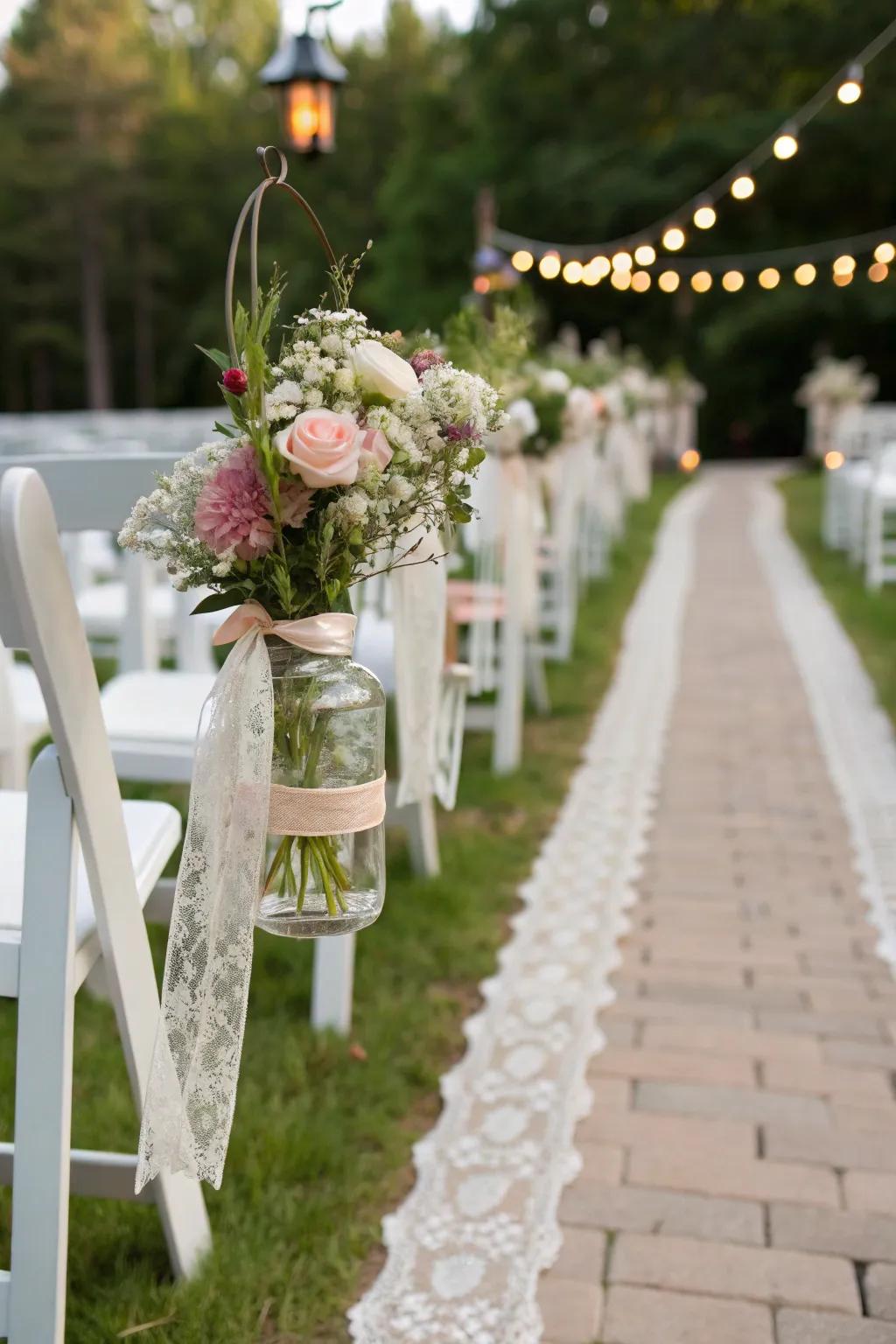 Artisan jar blooms impart country charm to your nuptial path.