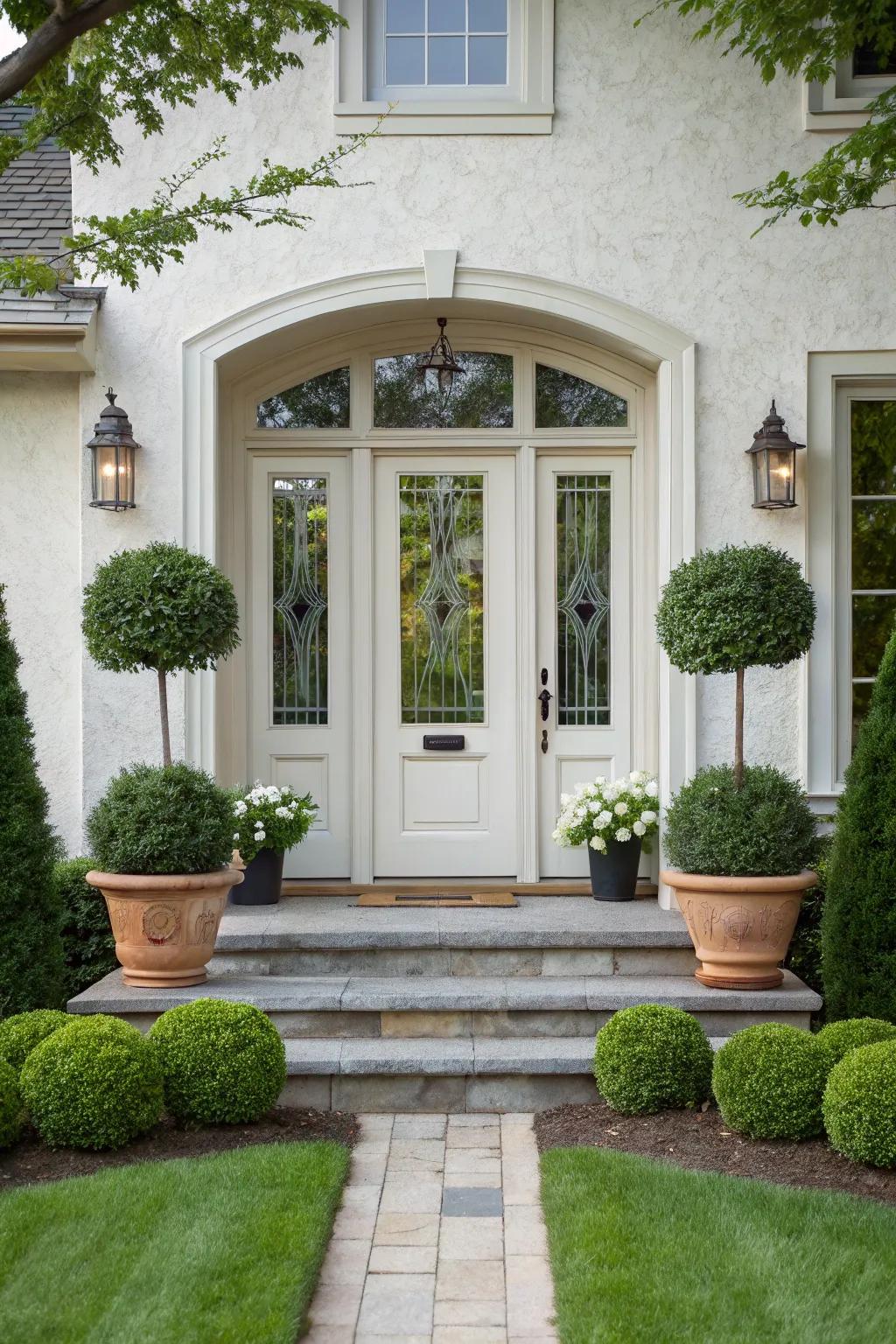 Achieve architectural balance with a door framed by carefully placed symmetrical elements.