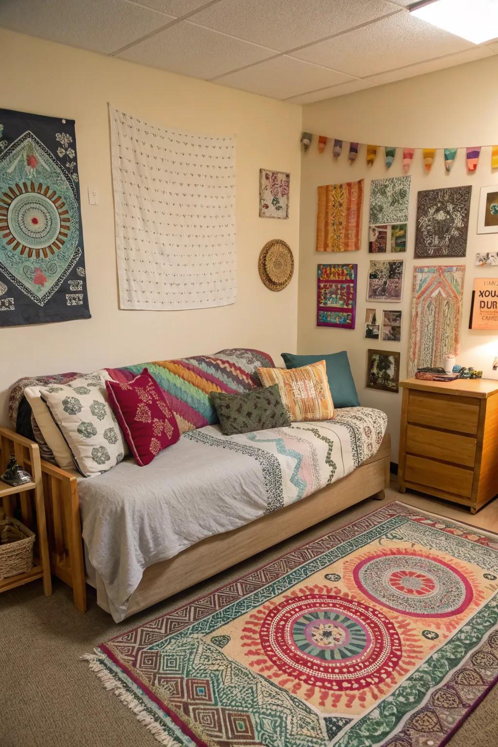 Layered feels creating an inviting environment in this dorm room.