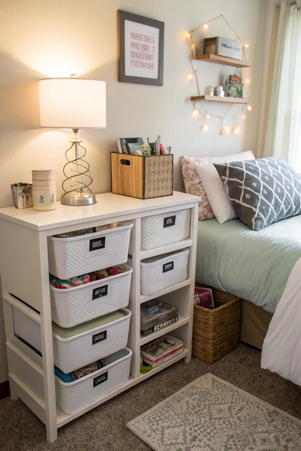 Storage containers provide a useful solution for keeping your dorm neat.