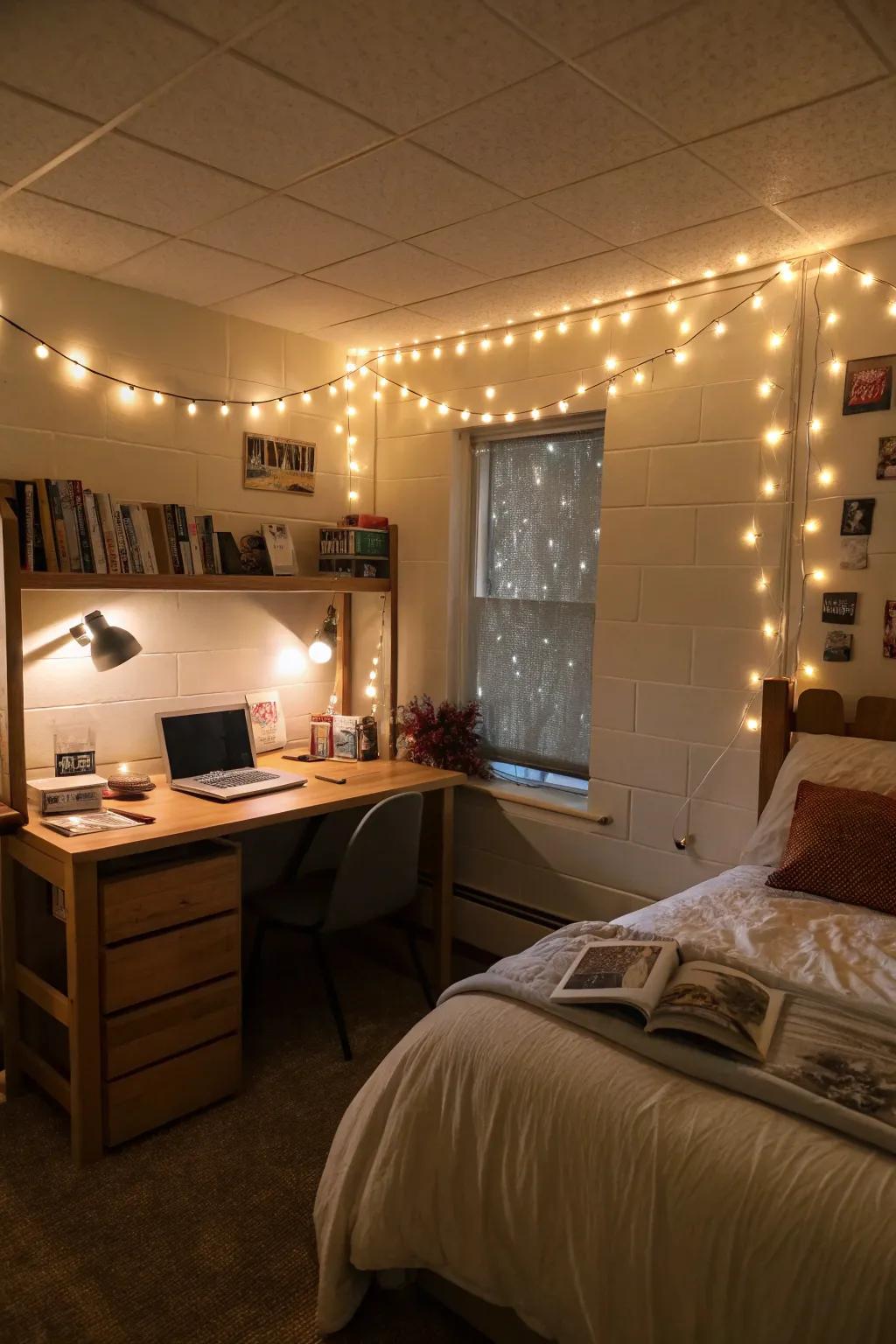 Soft lighting makes your dorm room feel better and cozier.