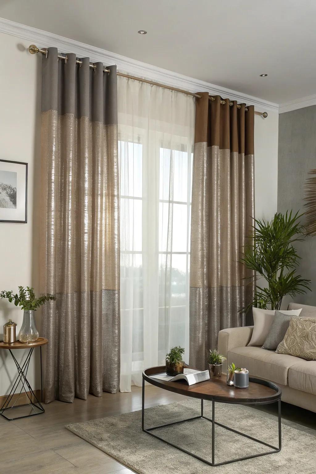Metallic sheers add a modern, chic touch to layered curtains.