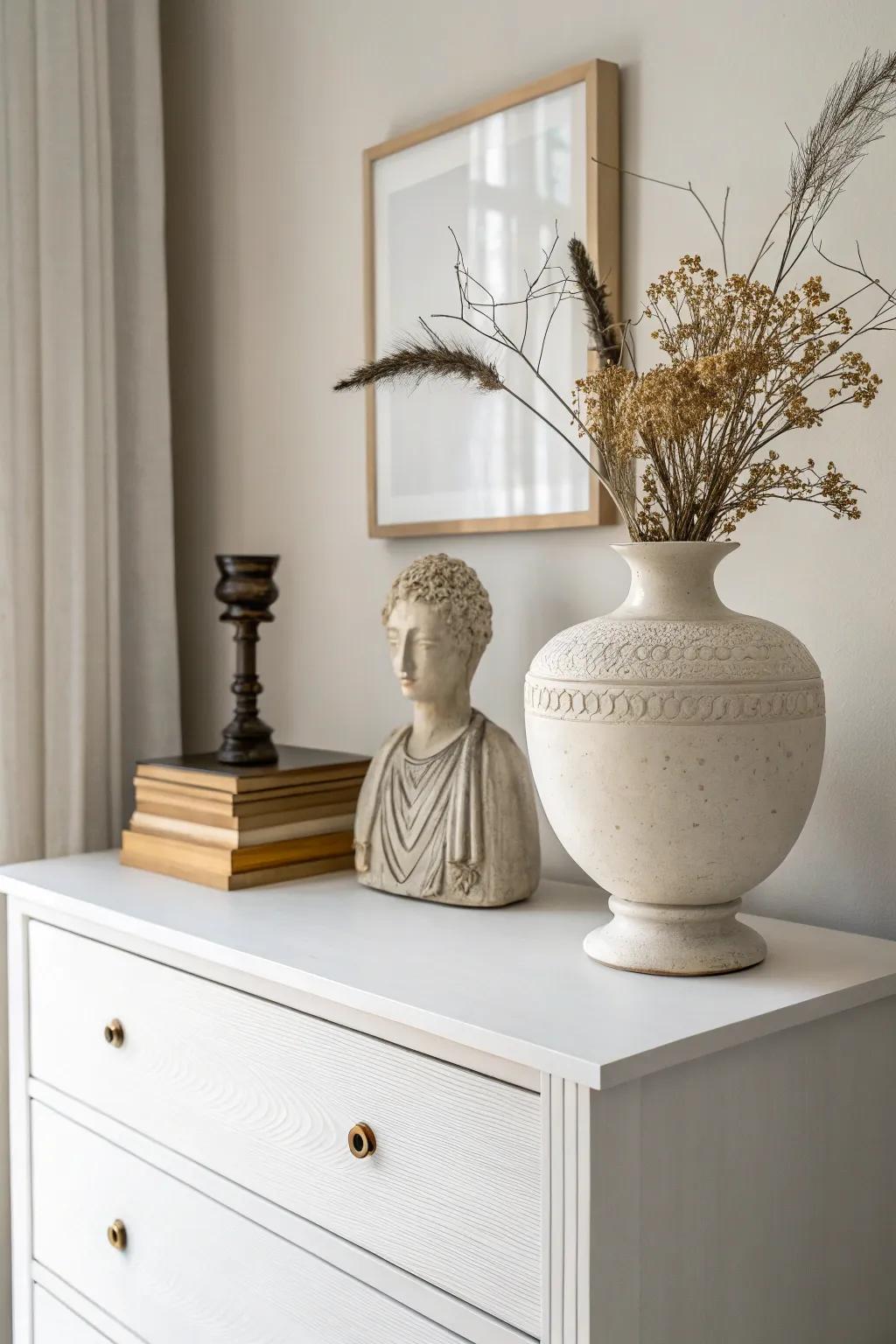 Minimalist decor achieves a stylish and peaceful dresser.