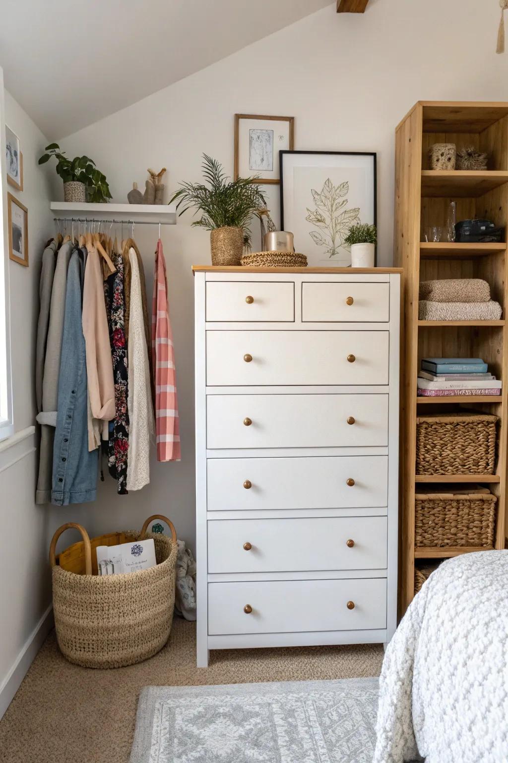 A tall, slender dresser making efficient use of vertical space in a small bedroom.