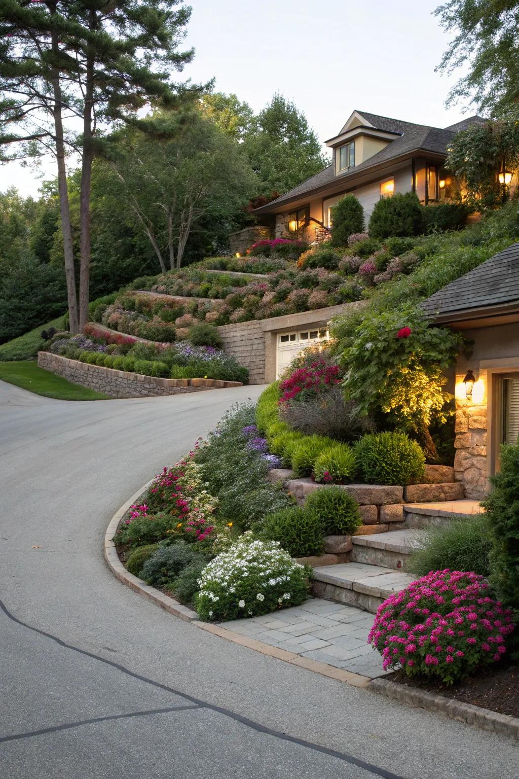 A stair-stepped design introduces measurement to the driveway.