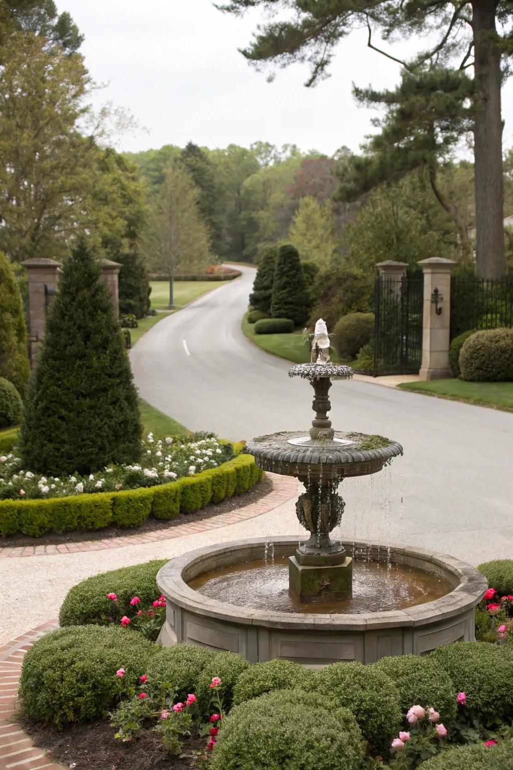 A tranquil aquatic element creates a soothing ambiance in the driveway.