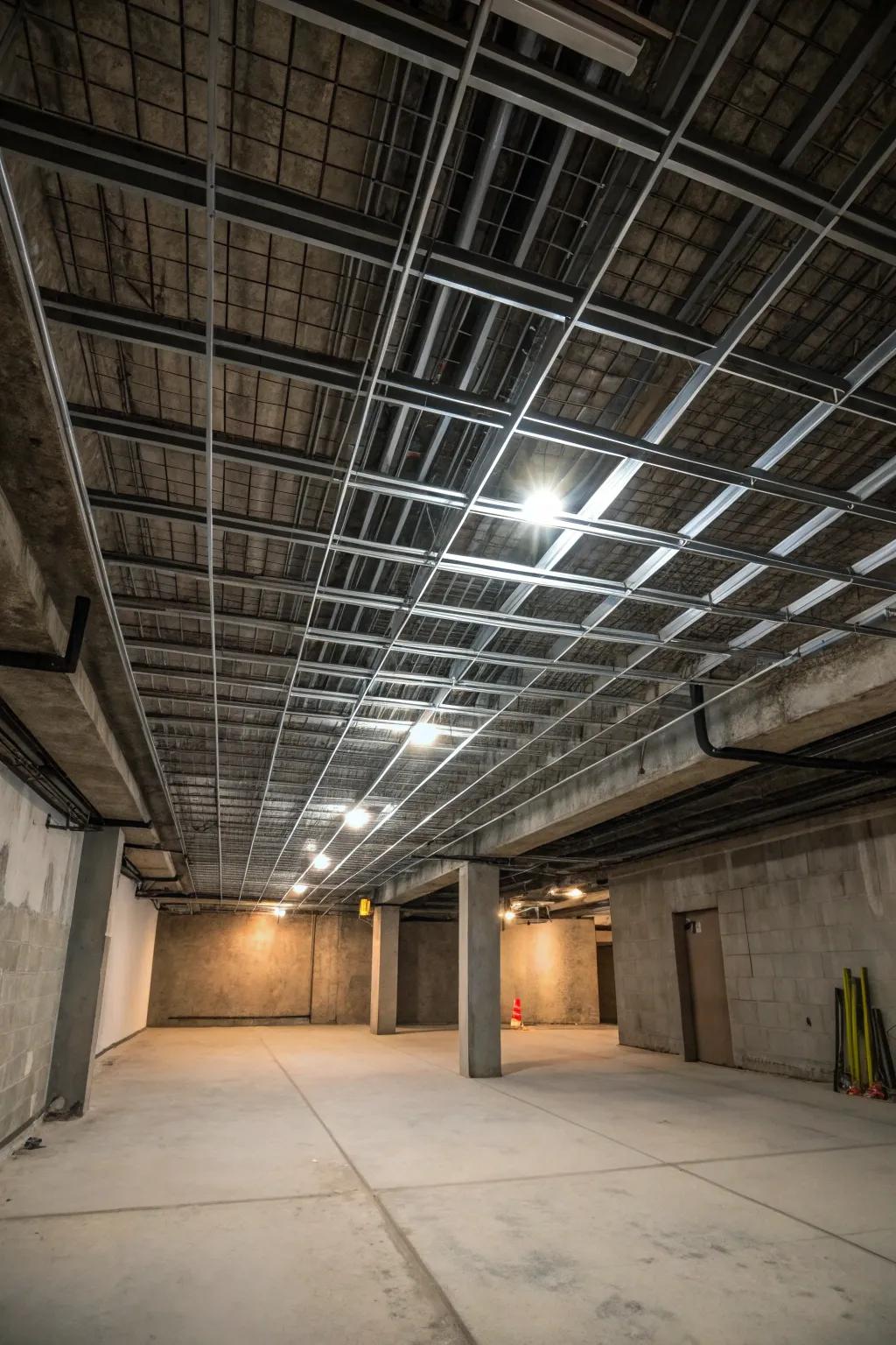 The fusion of industrial style with metallic grid ceiling designs.