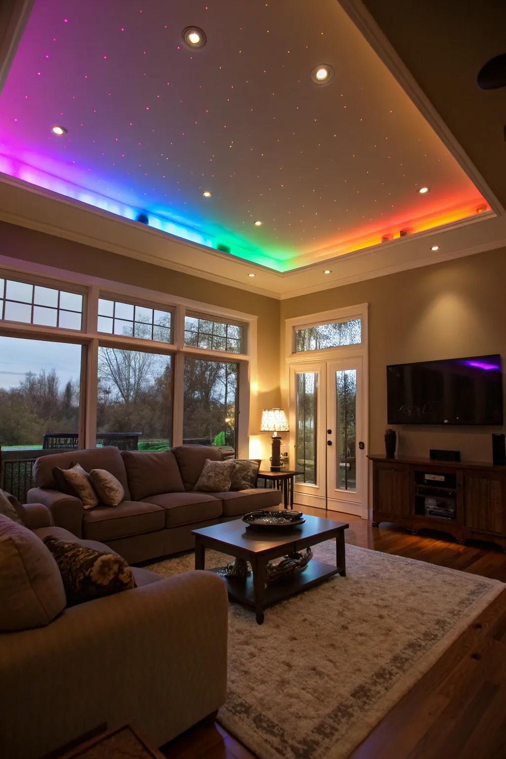 Color-customizable LEDs transform the mood of this living room.