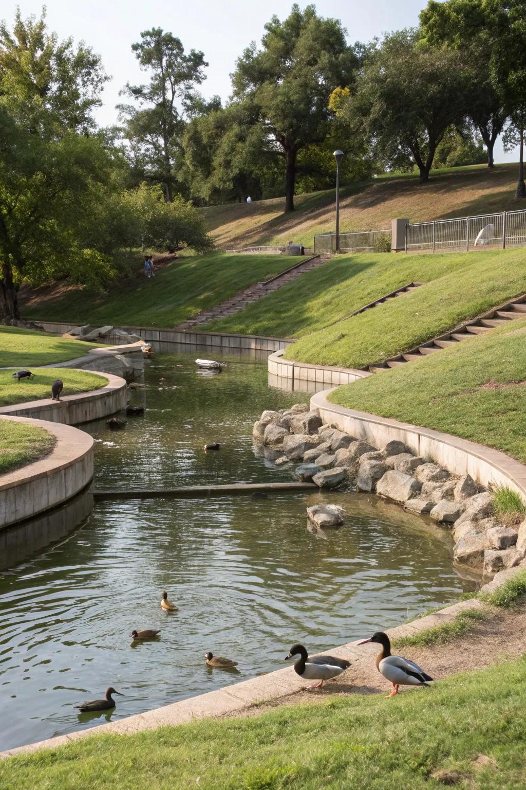 A thoughtfully designed pond creates a welcoming haven for ducks.