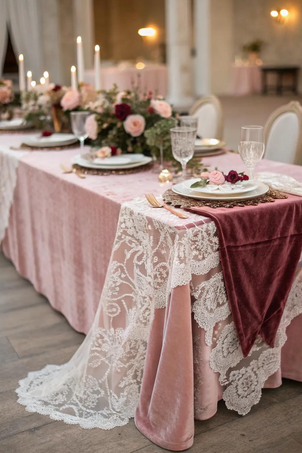 Lavish lace and velvet in misty rose.