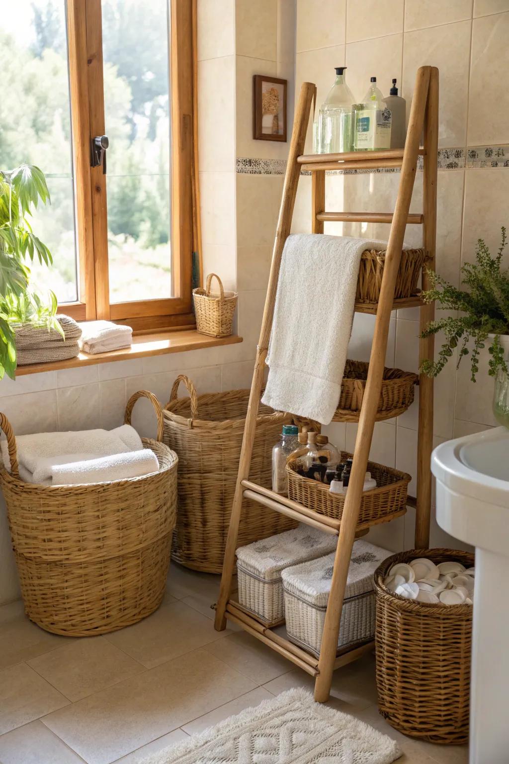 Wicker and bamboo elements add texture and warmth to the bathroom.
