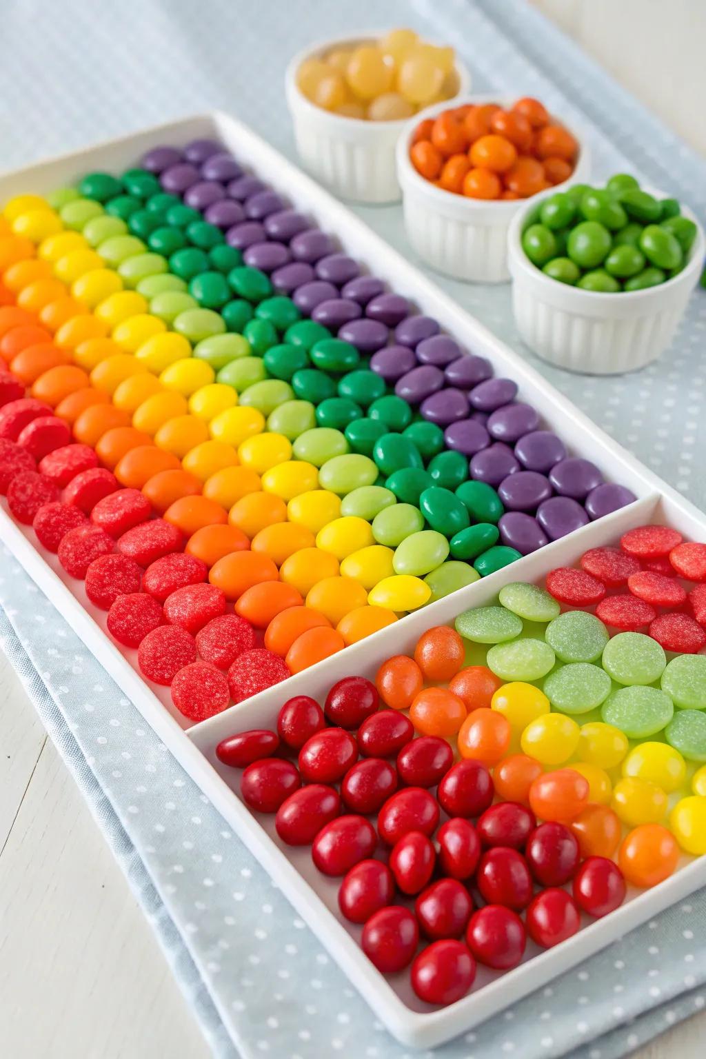A joyful rainbow candy board that’s perfect for Easter festivities.