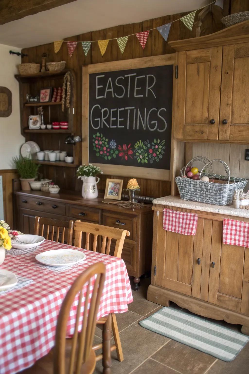 A charming markboard plague welcomes visitors with Easter cheer.