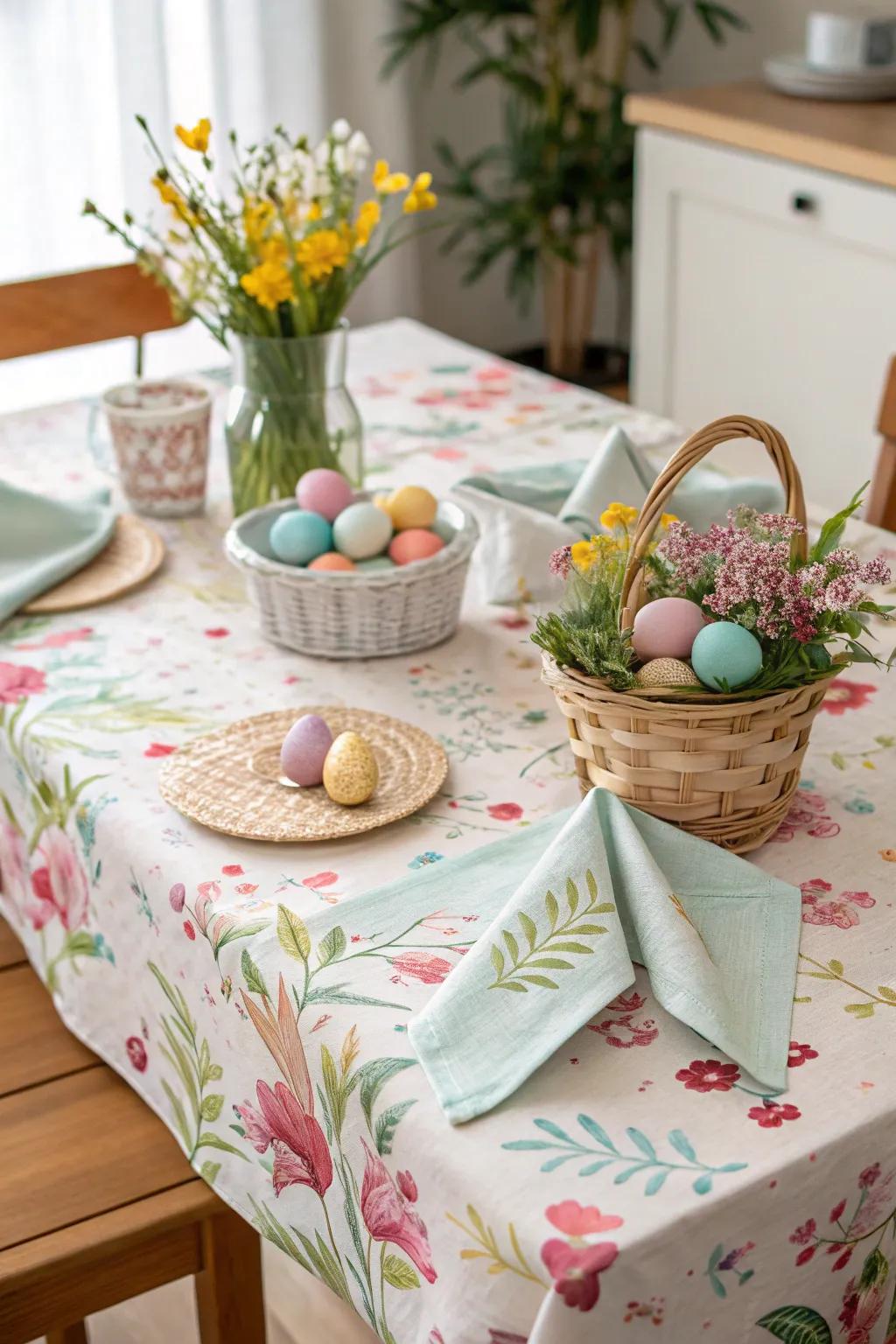 Themed table fabrics amplify the celebratory essence of the Easter occasion.