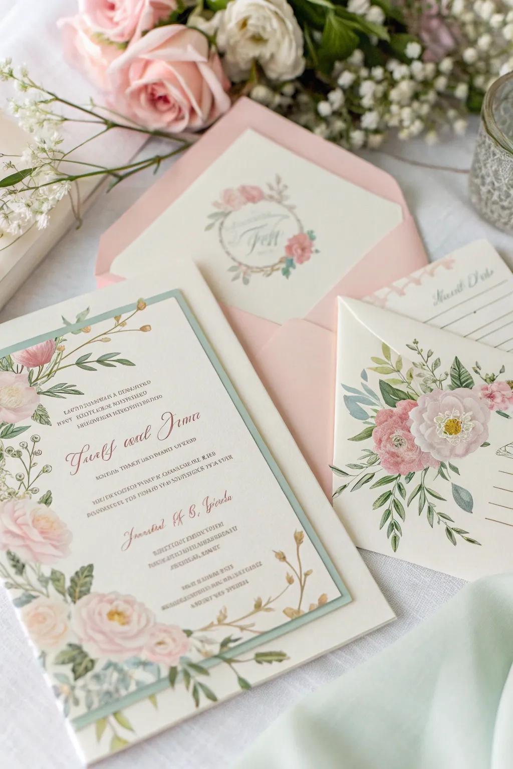 Wedding invites presenting floral designs and pastel shades.