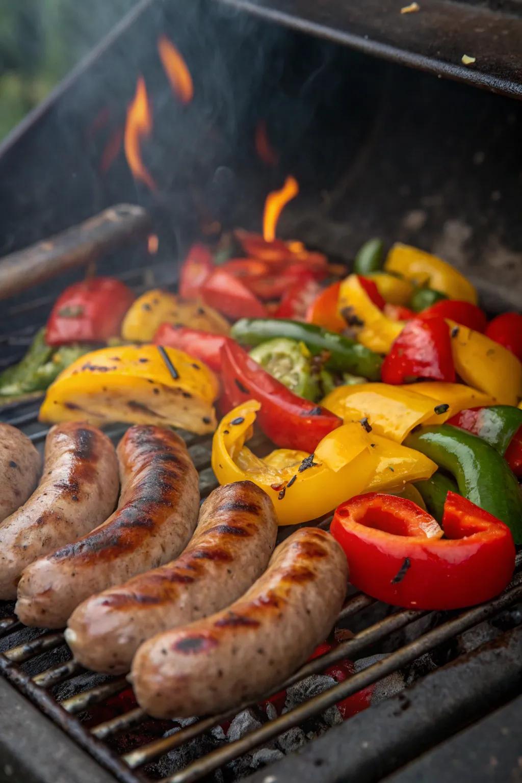 Hearty grilled sausages with colorful peppers.