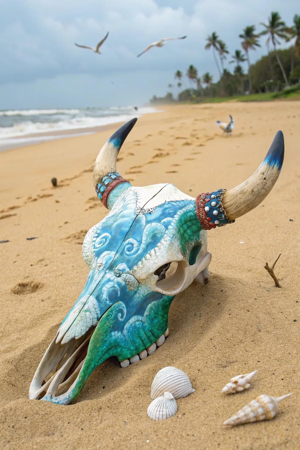 Oceanic themes transmute skulls into tranquil coastal décor.