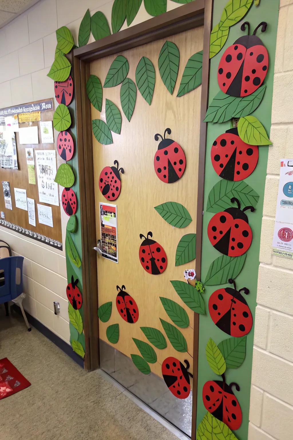 A classroom entrance dotted with cheerful spotted friends, infusing a touch of whimsy and joy.