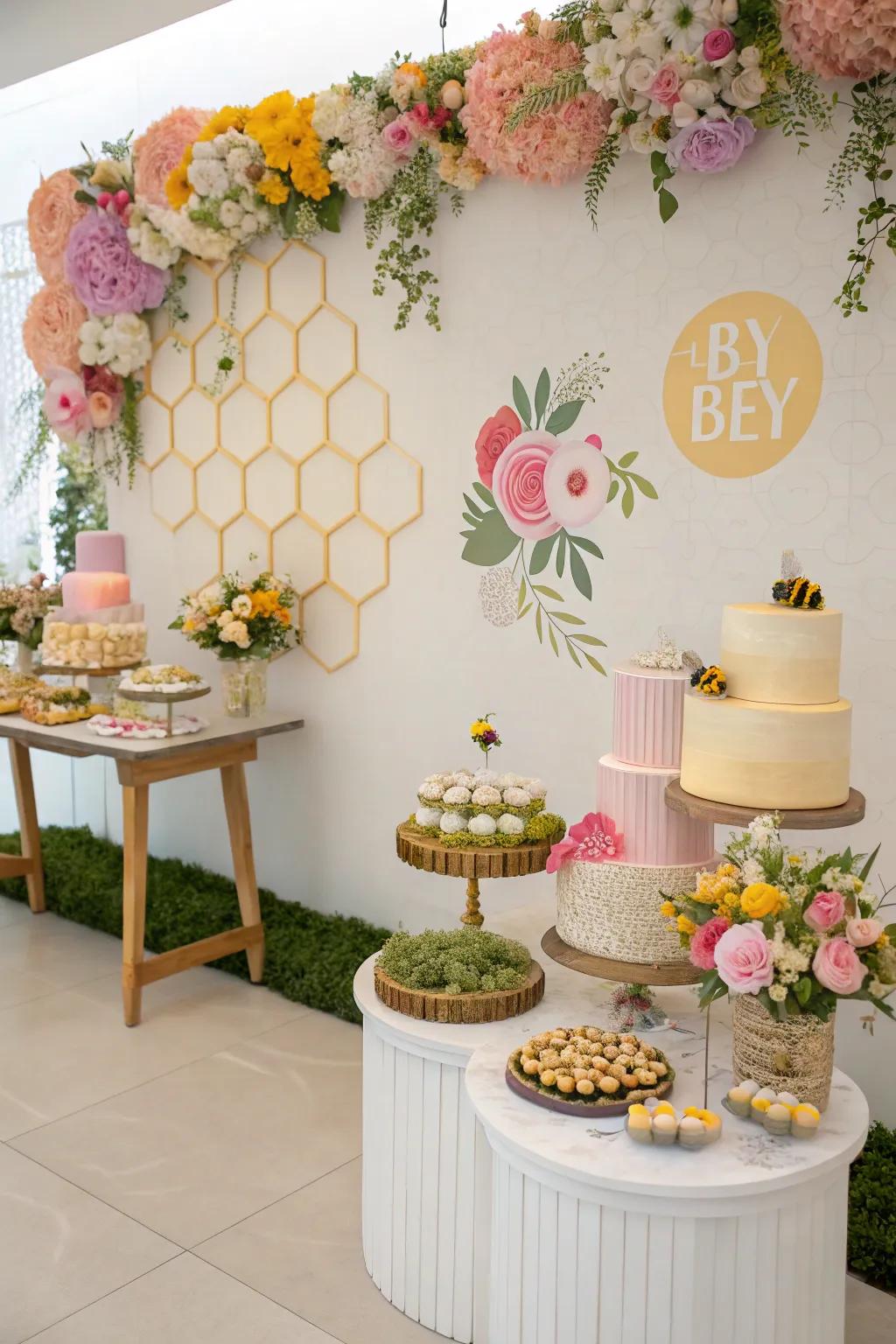 Nature-inspired decor with floral and bee elements.