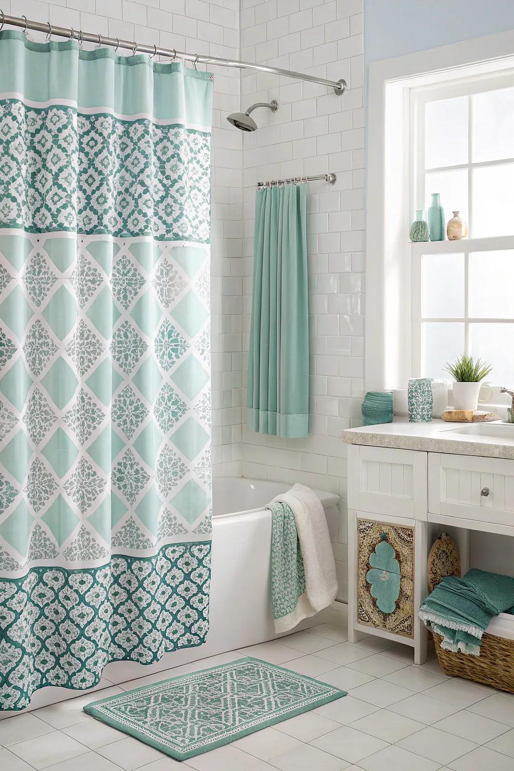 A bathroom where the shower curtain and decor elements harmoniously complement each other.