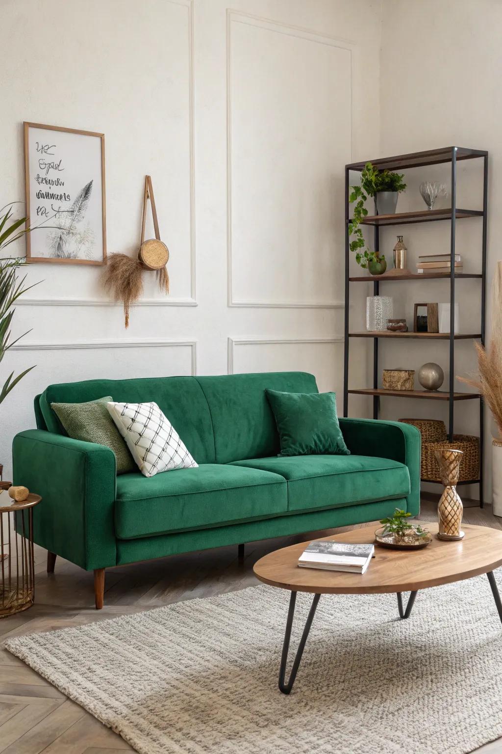In its simplicity, the emerald green sofa becomes the star.