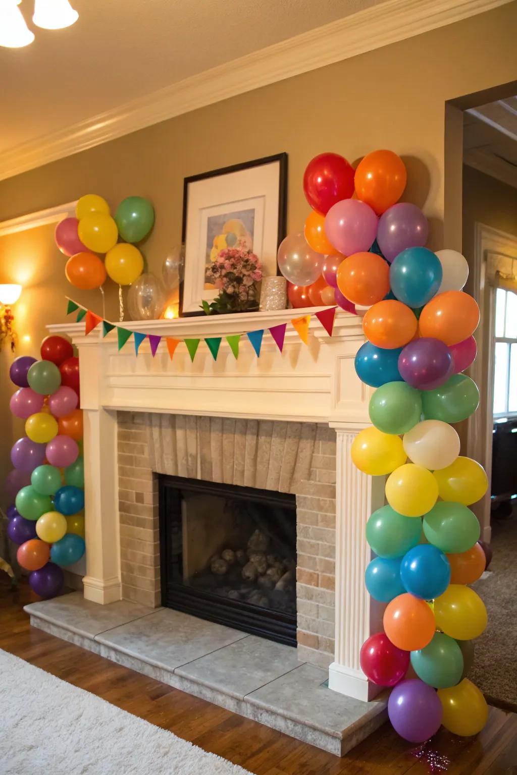 Add a splash of fun with colorful balloons in your fireplace.