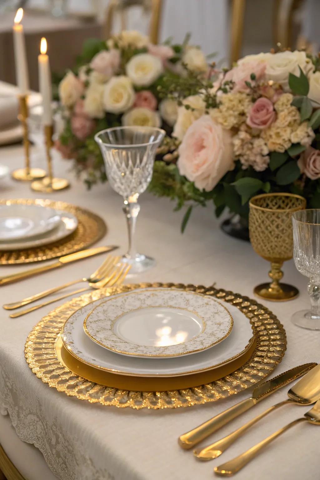 Fanciful tabletop pieces featuring gilded accents magnify the enchanting vibe.