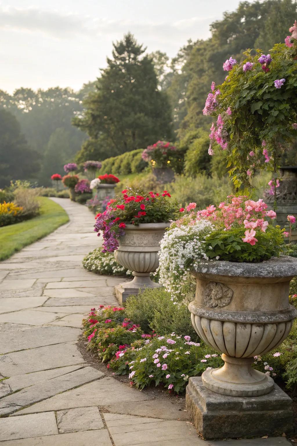 Kaleidoscopic florals in decorative pots amplifying the garden.