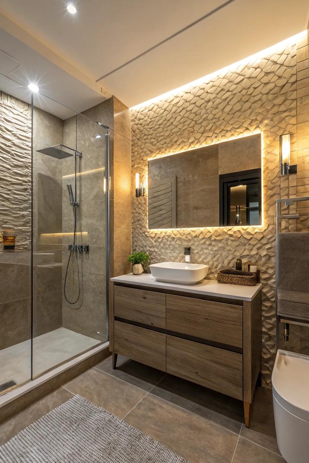 The textured tiles offer a captivating and unique attribute to this ensuite.