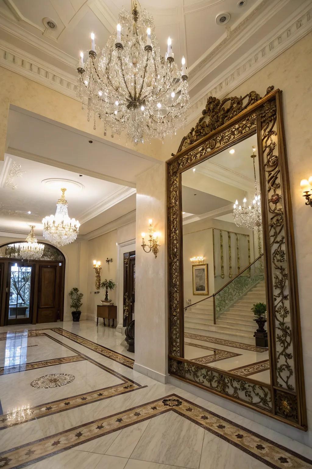 A looking glass enhances the light in this chic foyer.