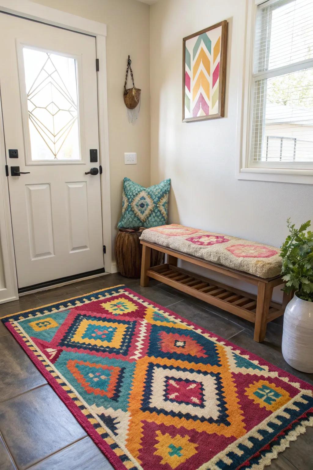A rug contributes to shade and comfort to the entryway corner.